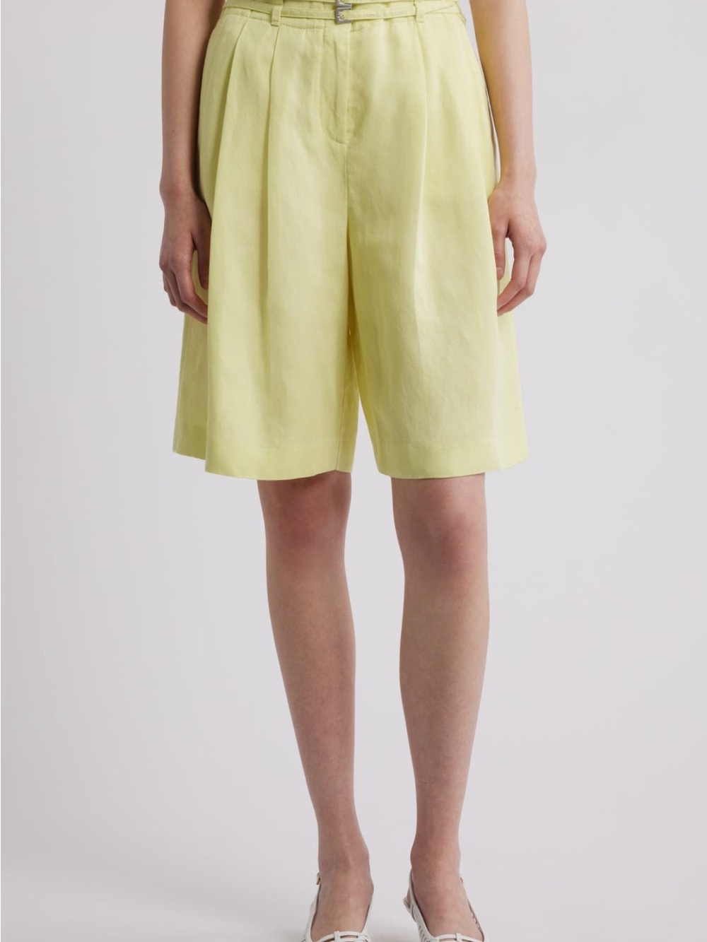 Boss Pleated High-Rise Bermuda Shorts in Pale Yellow